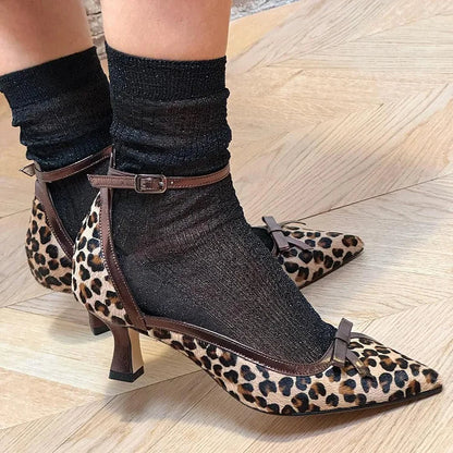 Ankle Strap Buckle Leopard Print Pointed Toe Beige Low Heels