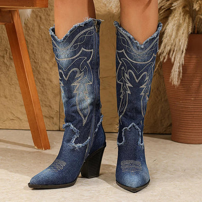 Denim Embroidery Raw Trim Patchwork Pointed Toe Knee High Boots