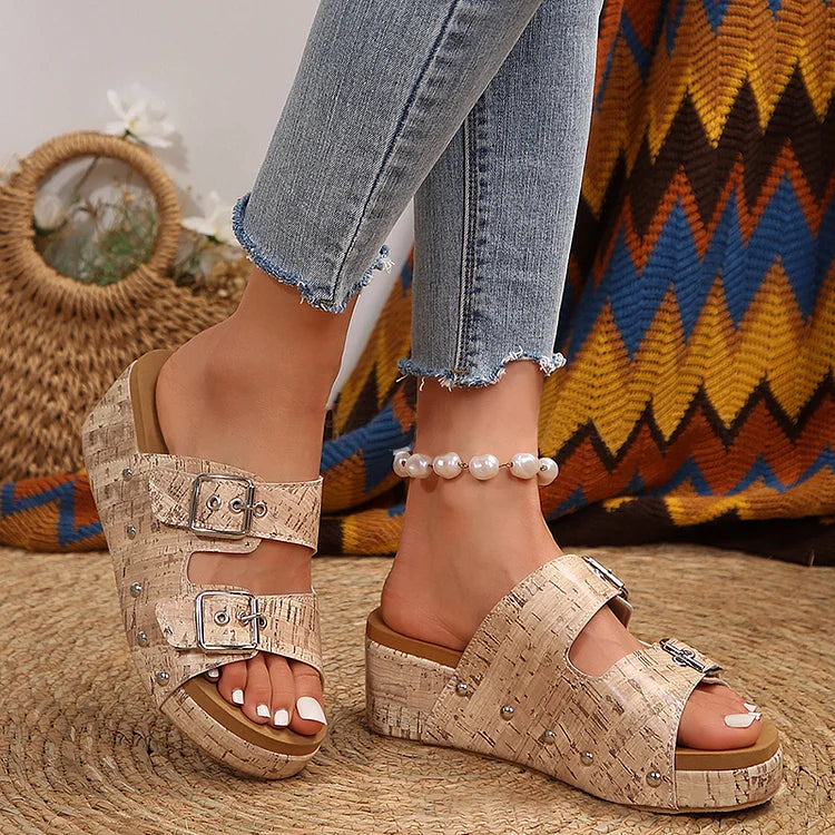 Wood Grain Print Rivet Double Belts Buckles Platform Wedge Slippers