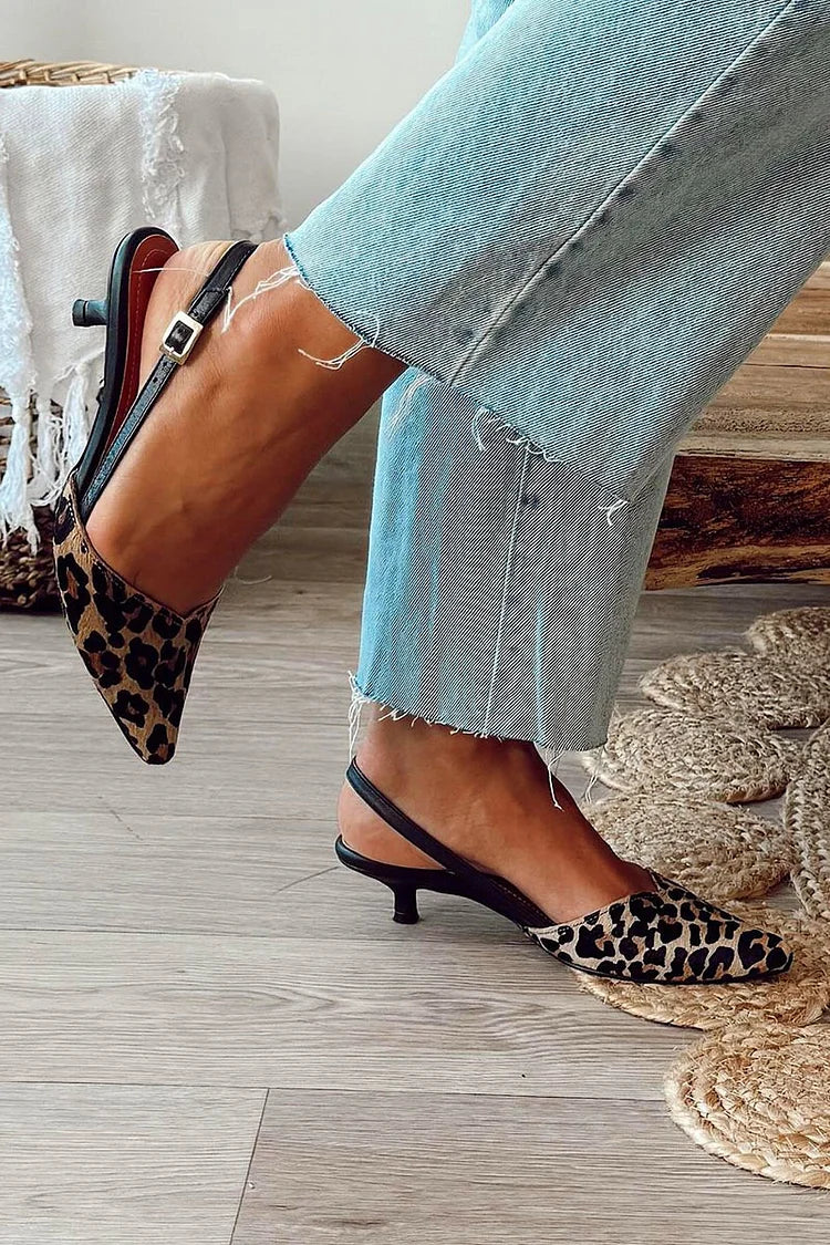 Leopard Print Pointed Toe Slingback Khaki Kitten Heels [Pre Order]