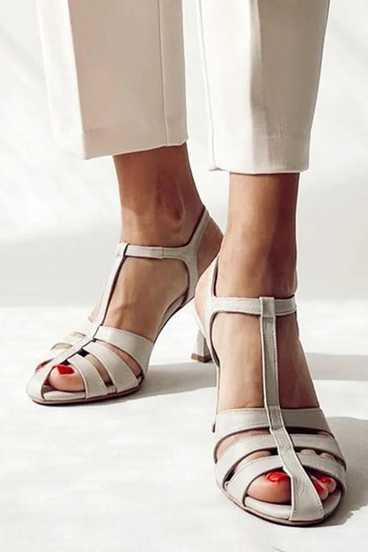 Hollow Out T-Strap Closed Toe Buckle White Stiletto Heels [Pre Order]