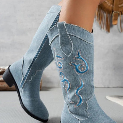 Rhinestone Embroidery Zipper Pointed Toe Chunky Heel Mid Calf Boots