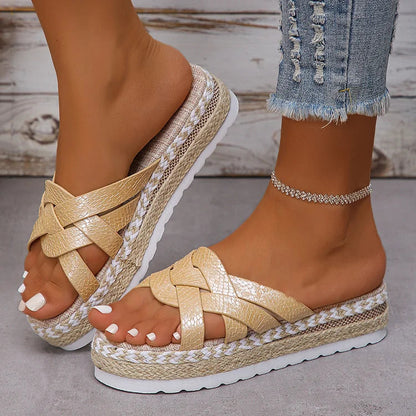 Textured Cross Strappy Platform Woven Espadrille Slippers