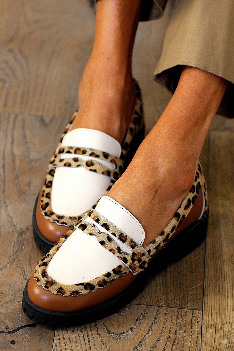 Leopard Print Patchwork Colorblock Brown Loafers [Pre Order]