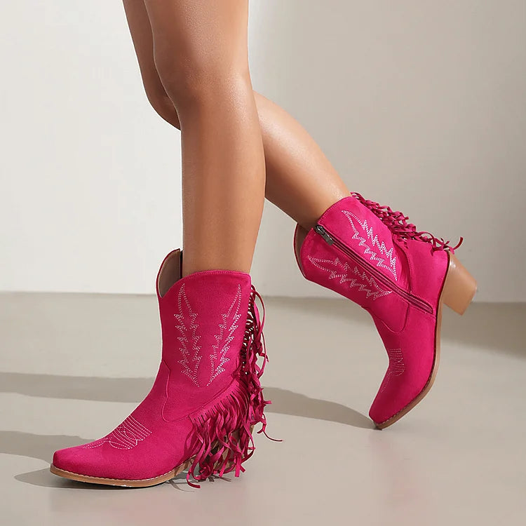 Fringed Trim Embroidery Pointed Toe Chunky Heel Western Boots