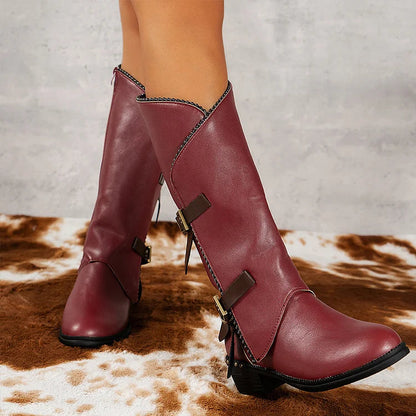 Metallic Studded Patchwork Straps Buckles Round Toe Knee High Boots