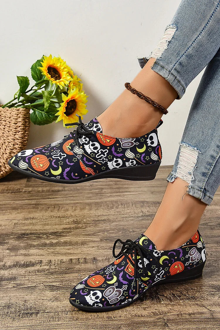 Halloween Ghost Pumpkin Print Round Toe Lace Up Casual Shoes