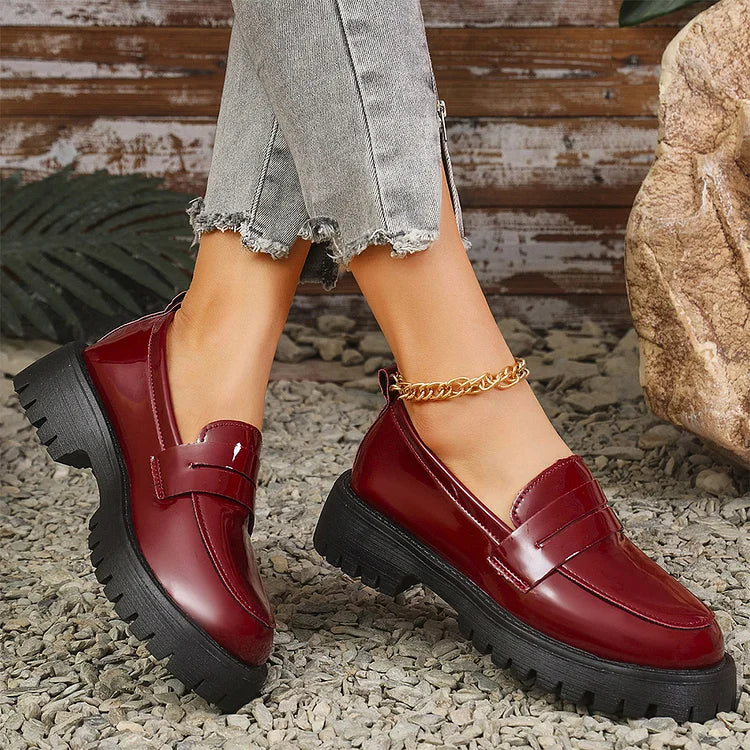 Patchwork Round Toe Low Block Heel Casual Slip On Loafers