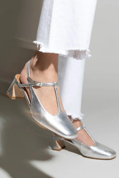 Solid Color T-Strap Buckle Slingback Silver Chunky Heels [Pre Order]