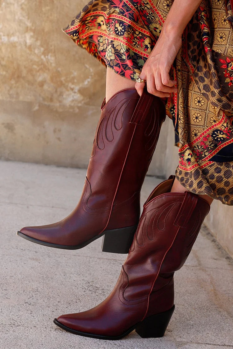 Pointed Toe Patchwork Solid Color Burgundy Mid Boots [Pre Order]