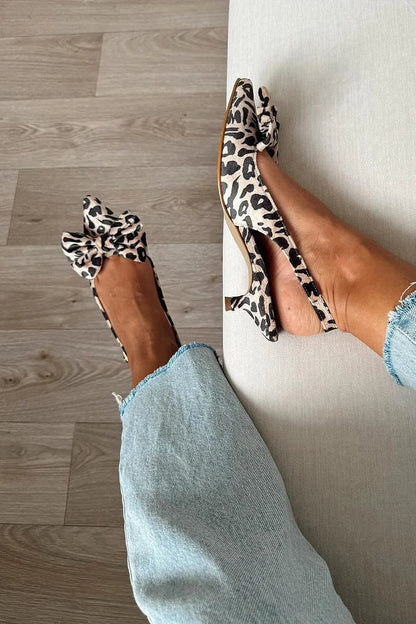 Leopard Print Bow Pointed Toe Slingback Beige Kitten Heels [Pre Order]