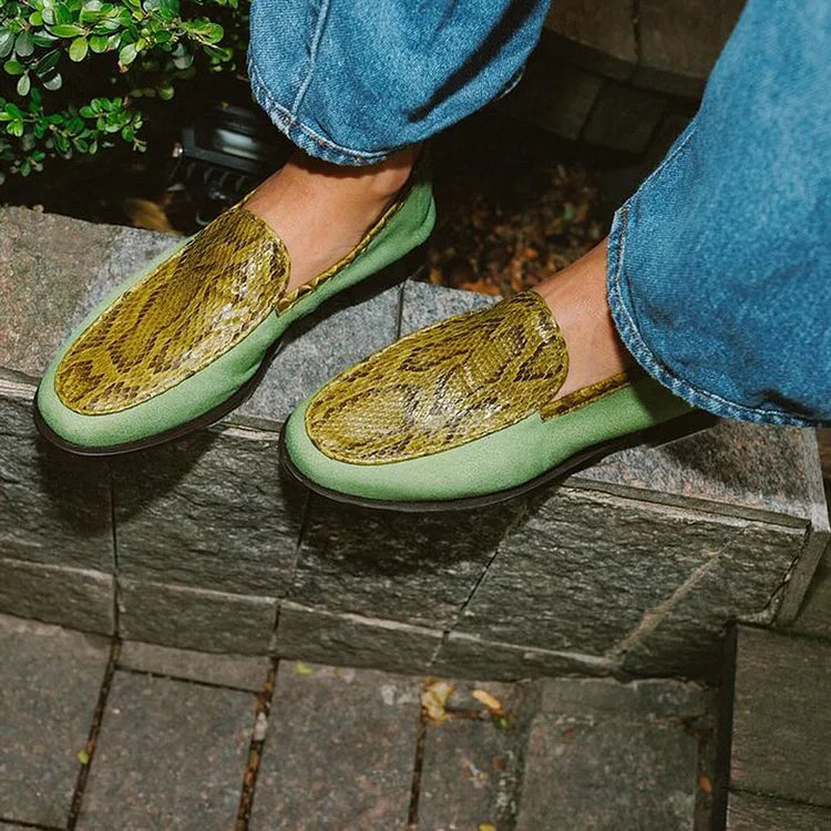 Snake Print Patchwork Round Toe Green Loafers [Pre Order]