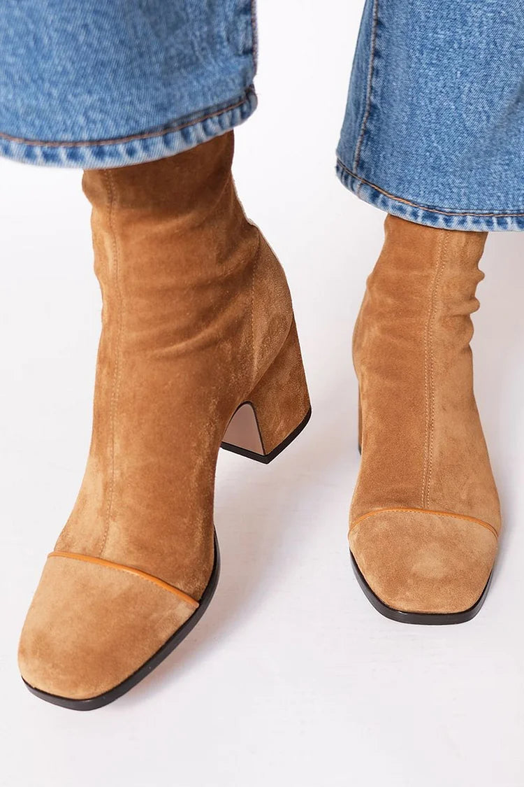 Colorblock Zipper Square Toe Chunky Heel Camel Mid Boots [Pre Order]