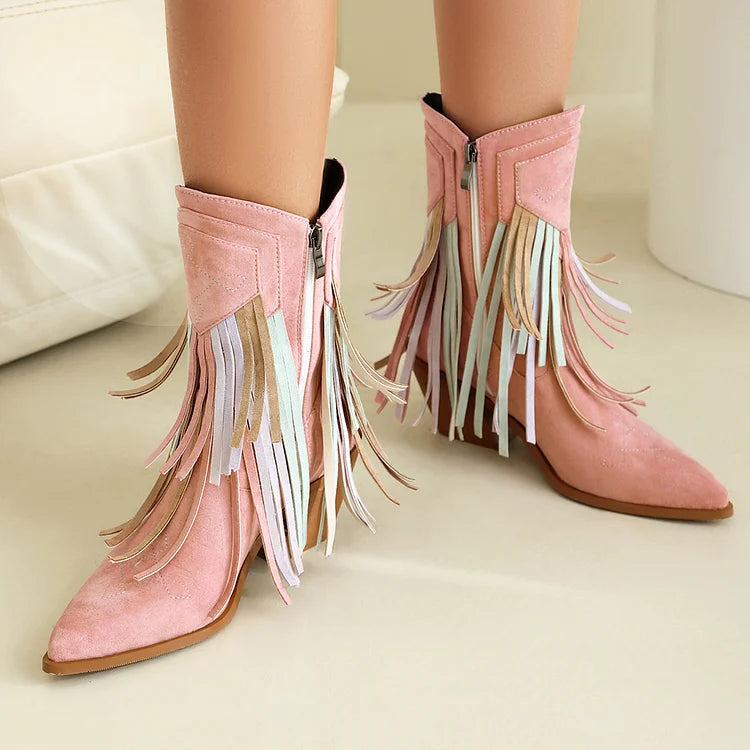 Multicolor Fringed Trim Zipper Pointed Toe Chunky Heel Western Boots