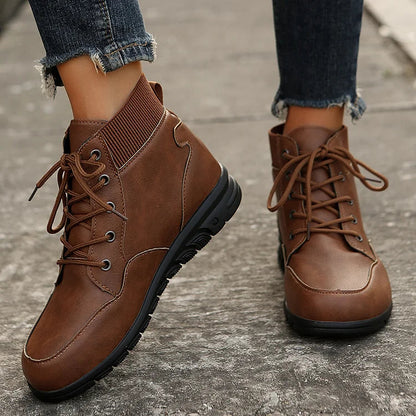 Patchwork Solid Color Round Toe Lace Up Martin Boots