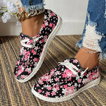 Colorblock Floral Print Round Toe Lace Up Canvas Sneakers