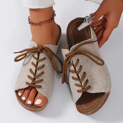 Casual Lace Up Quilted Peep Toe Canvas Wedge Slippers