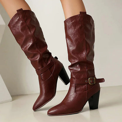 Pointed Toe Chunky Heel Strap Buckle Decor Solid Color Mid Calf Boots