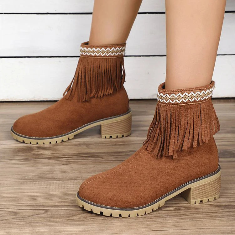 Round Toe Tassels Decor Zipper Chunky Heel Ankle Boots