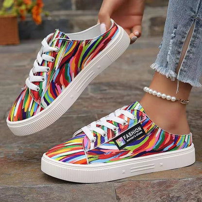 Canvas Multicolor Print Round Toe Slip On Lace Up Sneakers