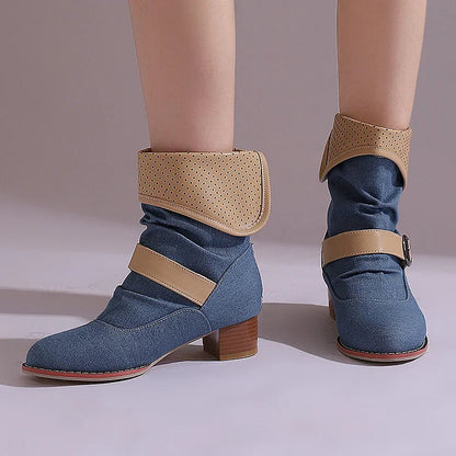 Colorblock Fold Patchwork Strap Buckle Chunky Heel Ankle Boots