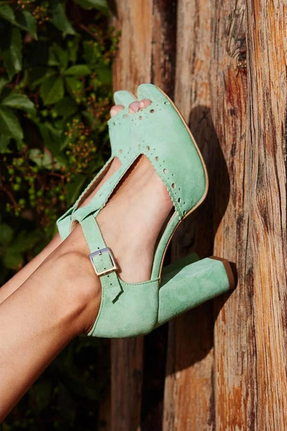 Hollow Out Peep Toe T-Strap Buckle Green Chunky Heels [Pre Order]