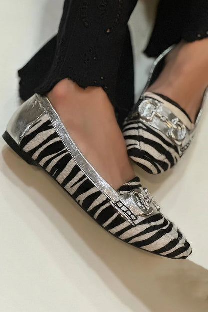 Zebra Print Metal Buckle Square Toe Black Loafers [Pre Order]