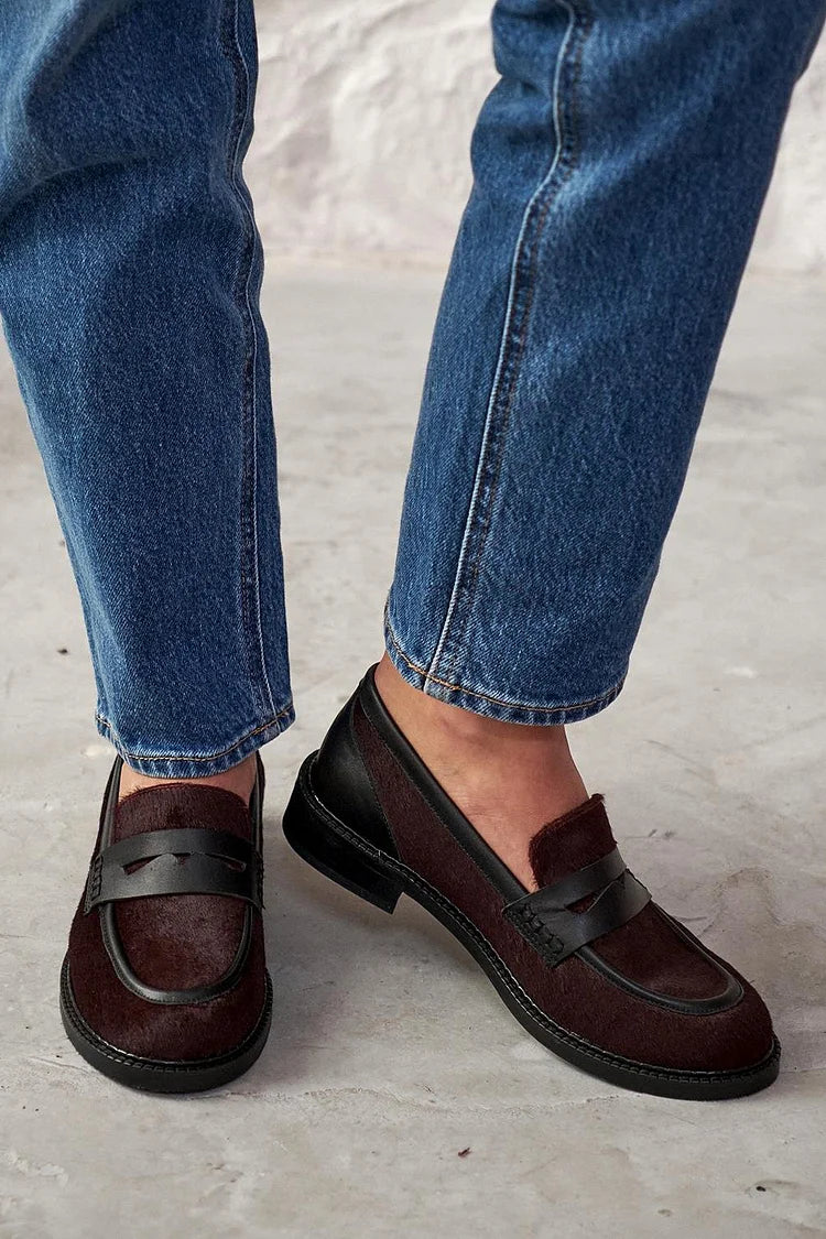 Patchwork Round Toe Low Block Heel Burgundy Loafers [Pre Order]