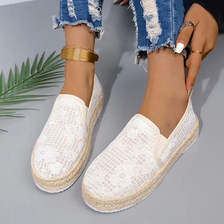 Mesh Patchwork Plaid Pattern Round Toe Espadrille Platform Loafers