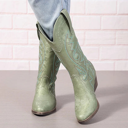 Colorblock Stitch Detail Floral Pattern Pointed Toe Mid Calf Boots