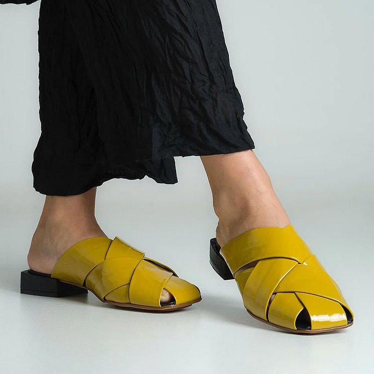 Woven Solid Color Square Toe Yellow Mules [Pre Order]