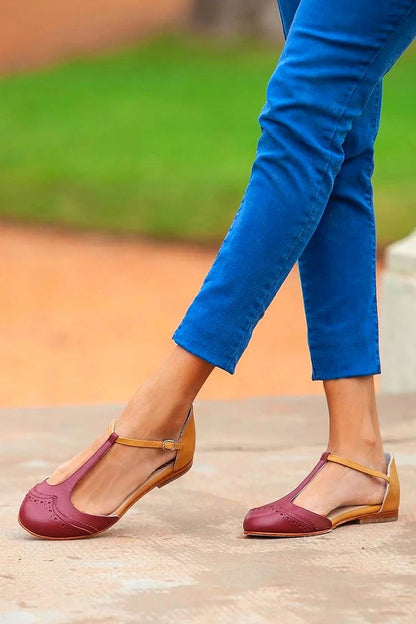 Colorblock Round Toe T-Strap Buckle Burgundy Flats [Pre Order]