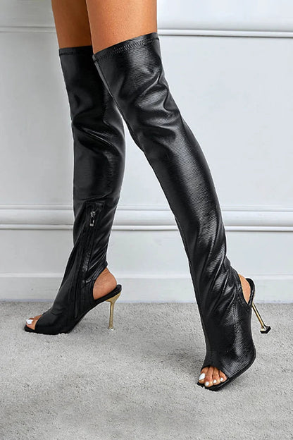 Open Toe Zipper Solid Color Slingback Stiletto Heel Over The Knee Boots