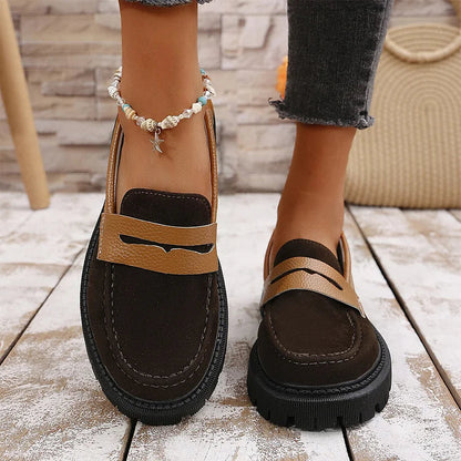 Colorblock Round Toe Patchwork Chunky Heel Casual Loafers