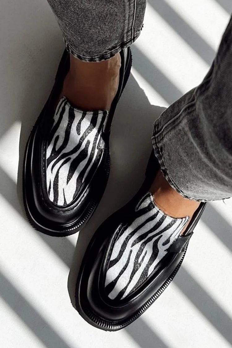 Round Toe Patchwork Zebra Print Black Loafers [Pre Order]