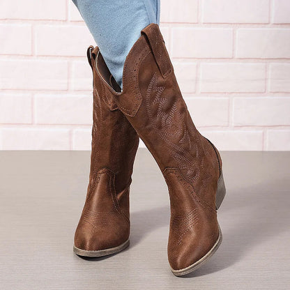 Patchwork Pointed Toe Stitch Detail Chunky Heel Mid Calf Boots