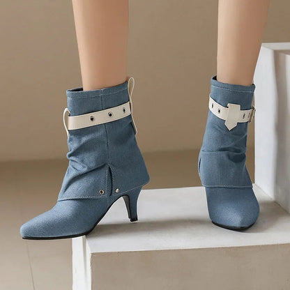 Colorblock Strap Buckle Fold Pointed Toe Stiletto Heel Ankle Boots