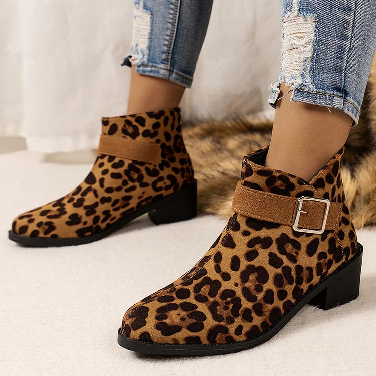 Patchwork Strap Buckle Decor Zipper Leopard Print Ankle Boots