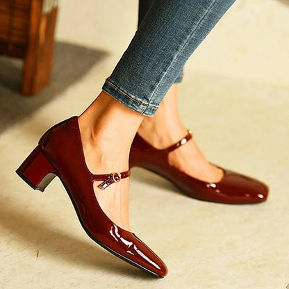 Elegant Instep Strap Buckle Solid Color Square Toe Chunky Heels