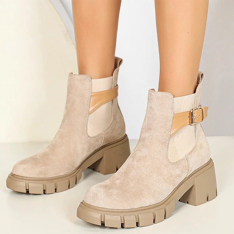 Patchwork Strap Buckle Round Toe Chunky Heel Ankle Boots