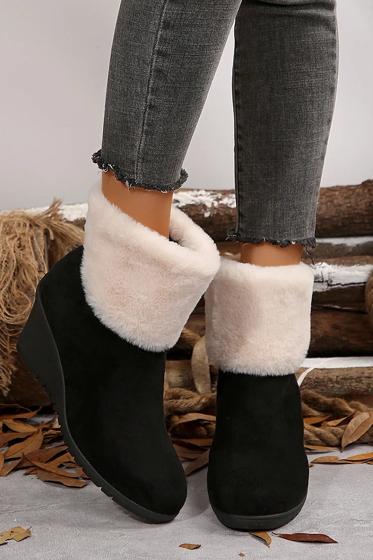 Fluffy Trim Round Toe Zipper Wedge Heel Snow Boots