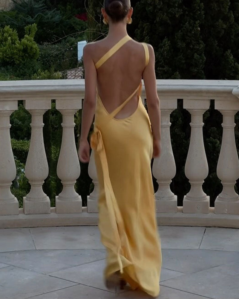 Elegant Slant Shoulder Solid Color Party Dress