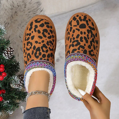 Leopard Print Fleece Lined Multicolor Trim Round Toe Snow Boots