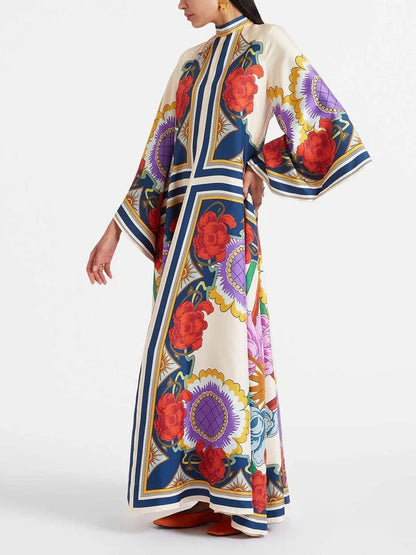 Unique Ethnic Floral Print Flowing Maxi Dress