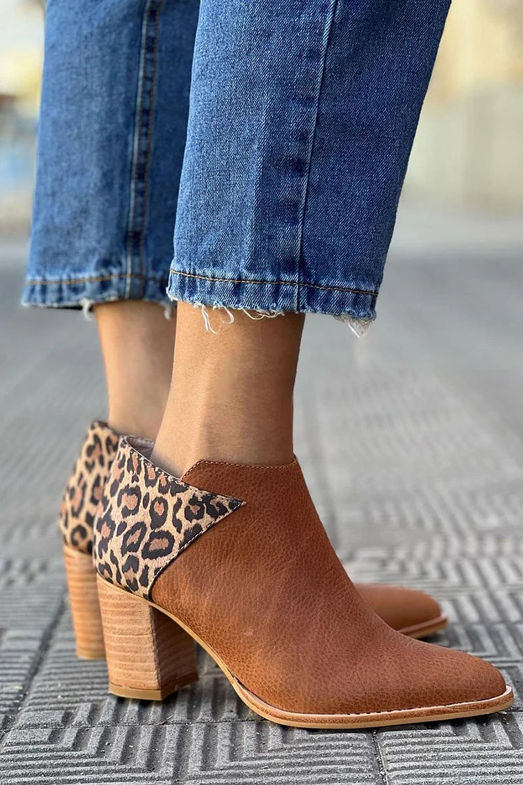 Pointed Toe Leopard Print Chunky Heel Brown Ankle Boots [Pre Order]