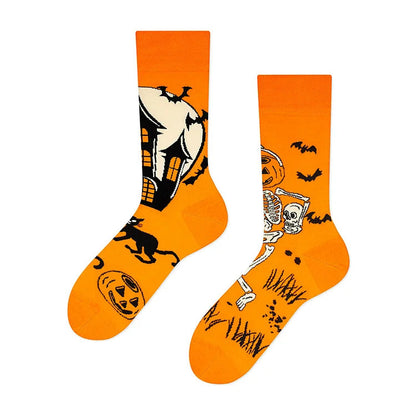 Halloween Haunted House Pumpkin Skull Sunset Crow Print Mid Calf Socks