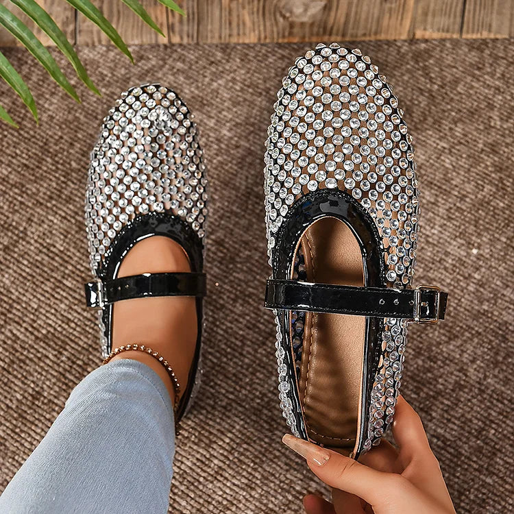 Hollow Out Rhinestone Decor Instep Strap Buckle Round Toe Flats