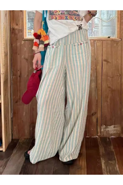 Loose Fit Casual Striped Polyester Cotton Pants