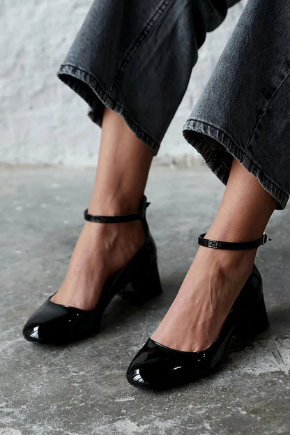 Ankle Strap Buckle Plain Round Toe Black Chunky Heels