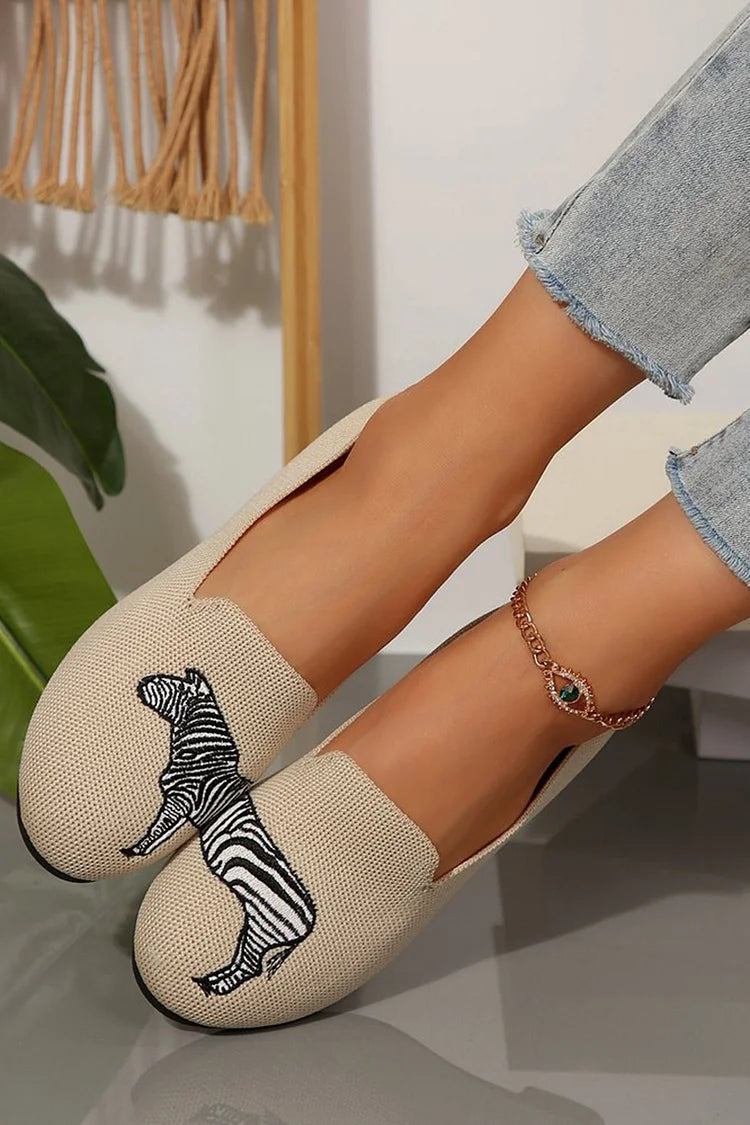 Zebra Pattern Knitted Round Toe Casual Slip On Flats